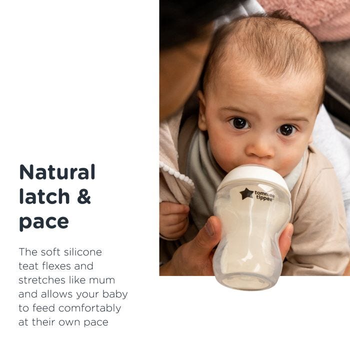 Baby drinking from Closer to Nature bottle with text about a natural latch and pace