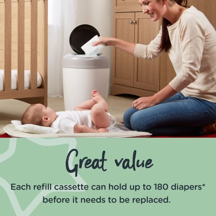 A woman changing her baby’s diaper with text about how the refill cassettes are great value for money