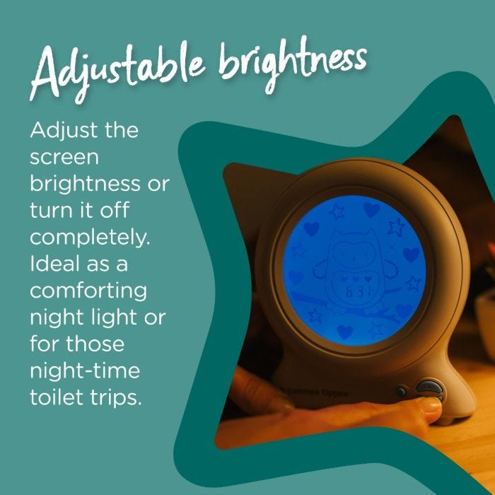 Groclock with a blue screen and a hand pressing a button on the front of it. Text explaining the adjustable screen brightness.