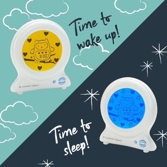 Split image of a Groclock showing the yellow daytime and blue nighttime screens.