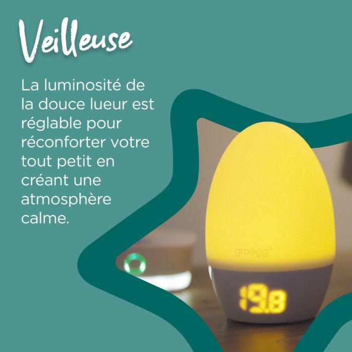 Groegg éclairé en jaune montrant 19 degrés entouré d&apos;une étoile avec un texte indiquant qu&apos;il s&apos;agit d&apos;une veilleuse.