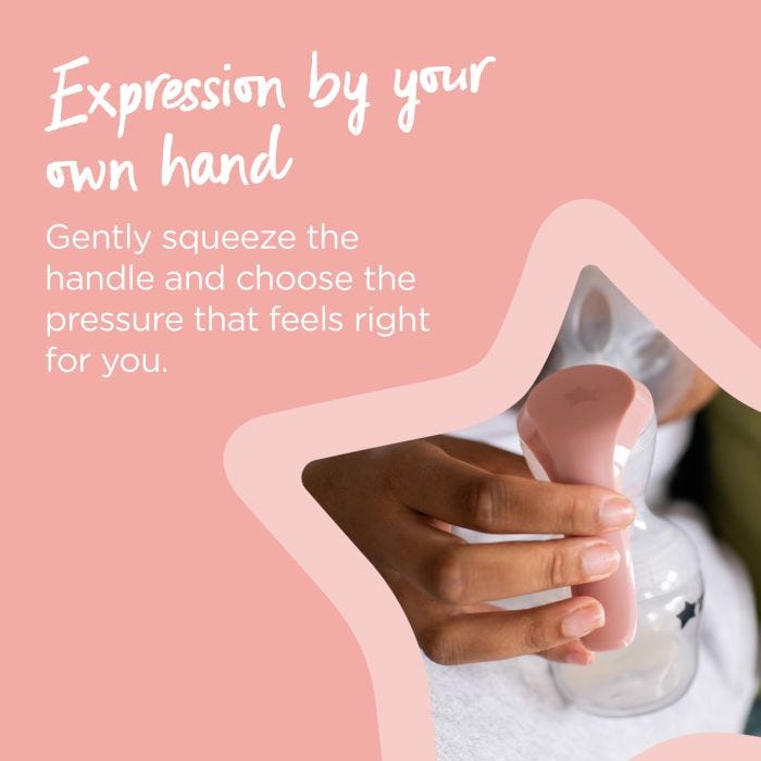 Mum using manual pump on one breast with text highlighting that the silicone horn is gentle on mum and helps stimulate milk flow