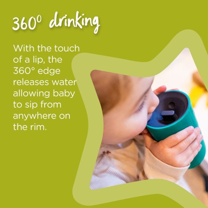 Little boy drinking from teal 360 cup with text about how you can drink from any side