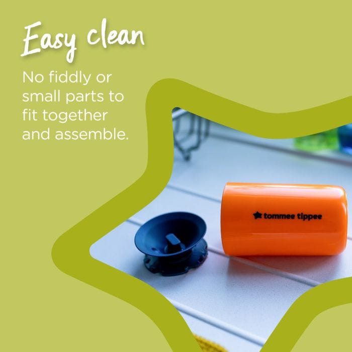 Orange 360 cup lying flat on kitchen counter with its one-piece valve and text about how it’s easy to clean