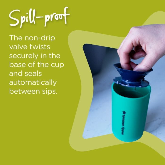 Someone putting the one-piece valve into a teal 360 cup with text about how it’s spill-proof