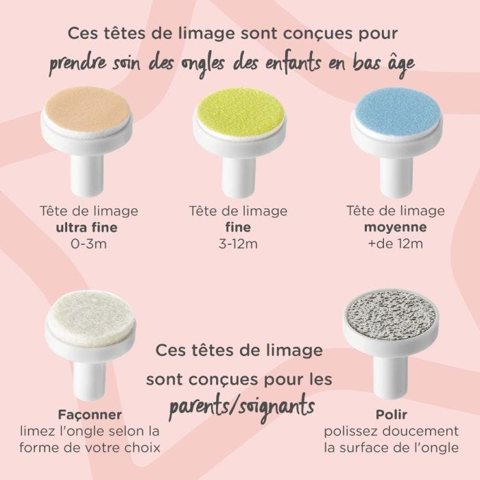 Cinq têtes de limage différentes pour les étapes de la pousse des ongles de bébé
