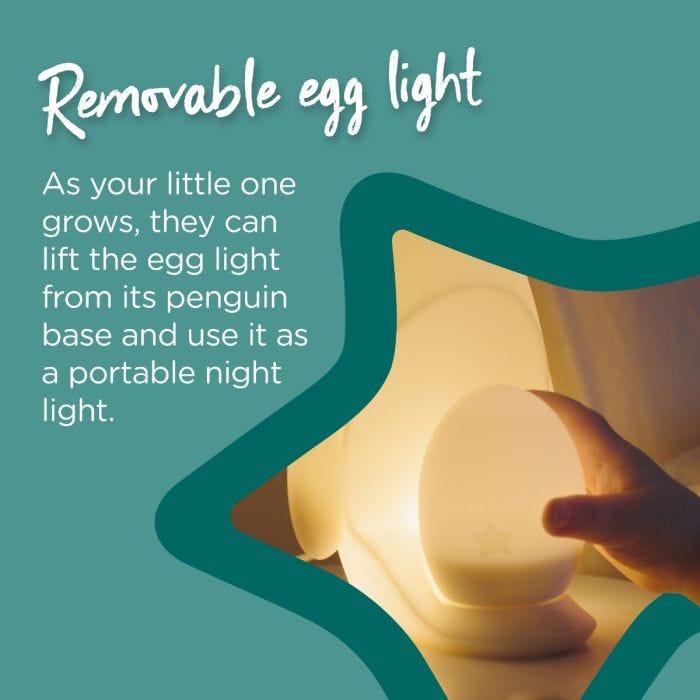 Child’s hand removing egg from the penguin with text explaining that it can be removed and used as a portable nightlight.