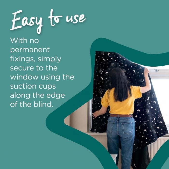 Woman fixing the blackout blind to a window next to text stating it is easy to use with no permanent fixings required.
