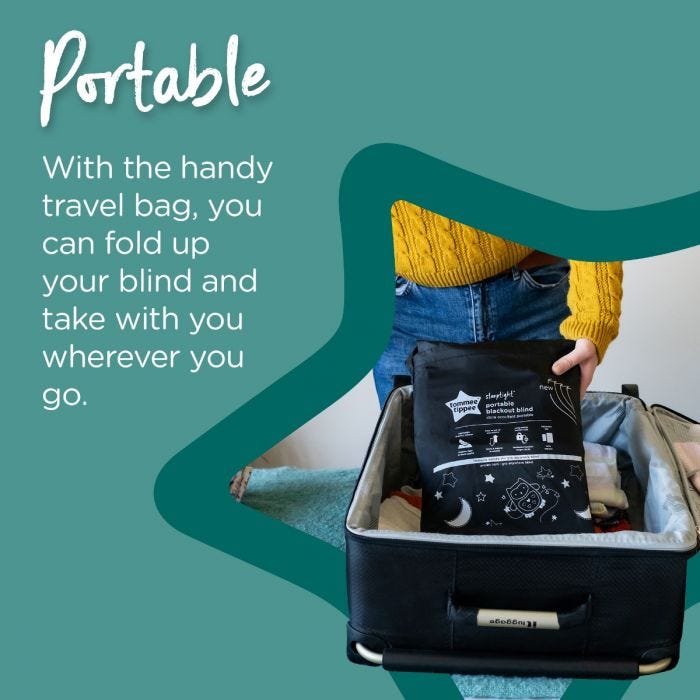 Woman putting the blackout blind into a suitcase with text stating it is portable and can be folded up to take away with you.