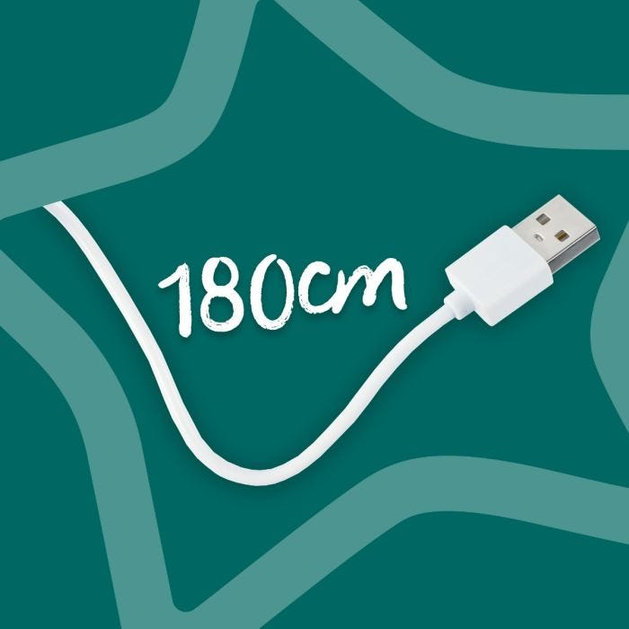 Cordon USB sur fond vert entouré d&apos;une étoile avec texte indiquant 180 cm de long et icône indiquant une alimentation USB.
