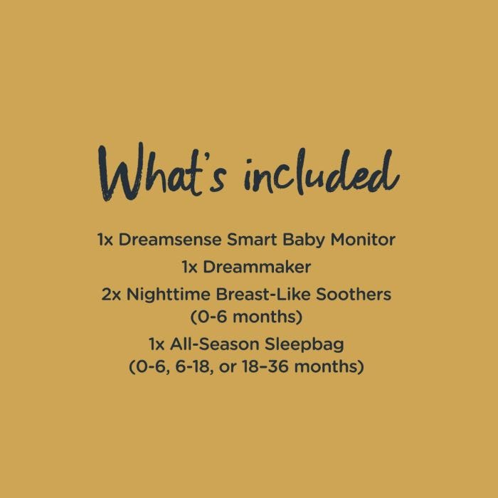 Infographic explaining what’s in the Dreamsense sleep monitoring bundle. Including a Dreammaker, soothers and a sleep bag.