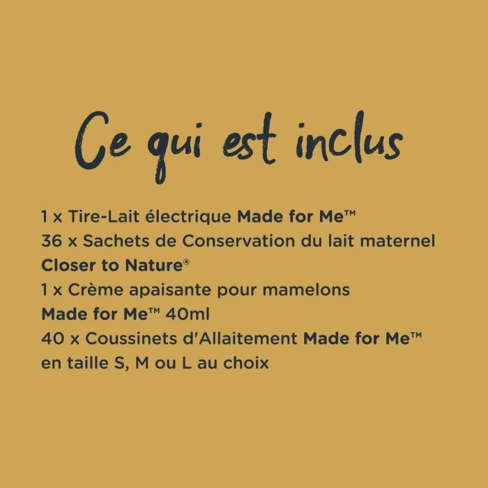 Image présentant une liste de ce qui est inclus dans l&apos;ensemble de produits d&apos;allaitement