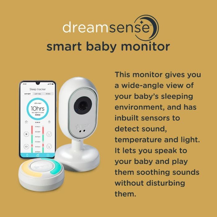 Infographic of the Dreamsense smart baby monitor explaining its features and benefits and how to works. 