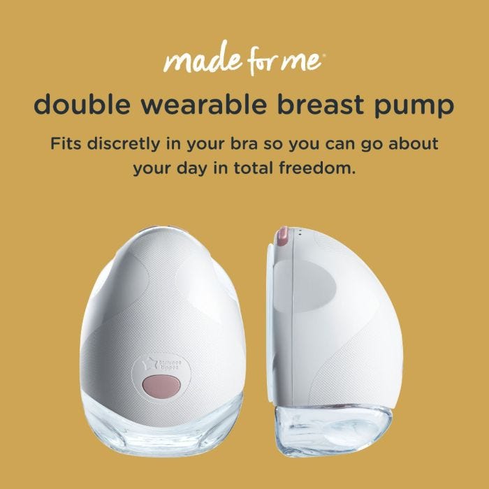 Infographic with an image of the made for me double wearable breast pump explaining that it sits discreetly in your bra. 
