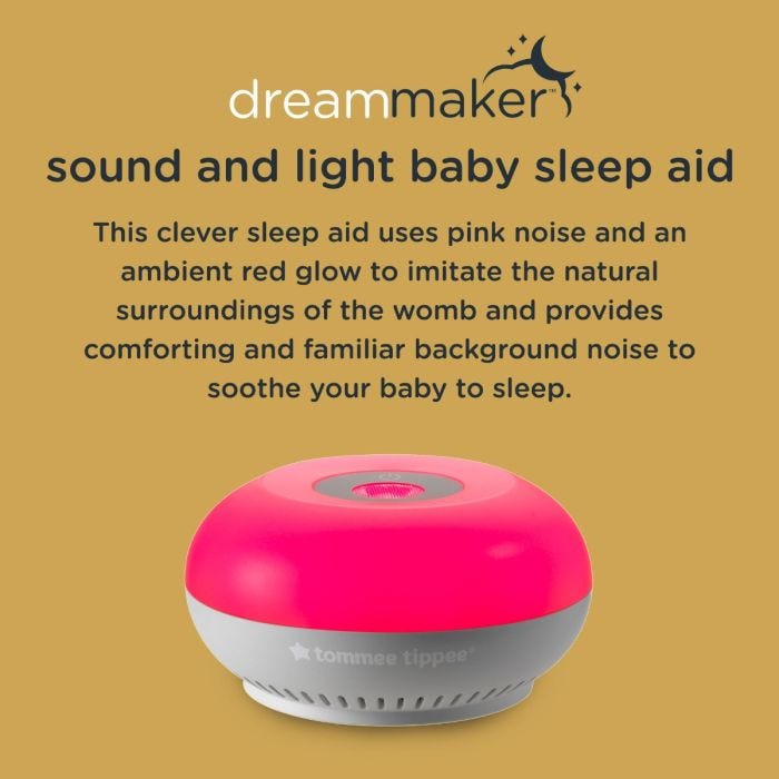 Infographic of the Dreammaker sleep aid explaining that it uses pink noise and pulsing red light to soothe baby to sleep. 