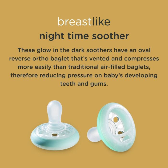 Infographic of two breast-like nighttime soothers explaining that they glow in the dark and have a reverse ortho baglet. 