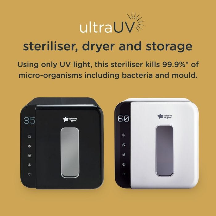 Infographic of the UV steriliser in black and white, explaining that it kills 99.9% of bacteria and mould using only UV light. 