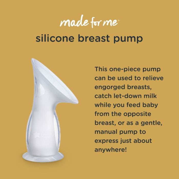 Infographic of the silicone breast pump explaining how it can be used to relieve engorgement, catch let down and express.  