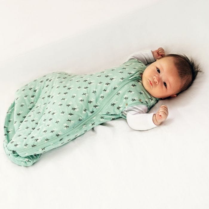 baby wearing Tommee Tippee treasure trees snuggle with both arms raised