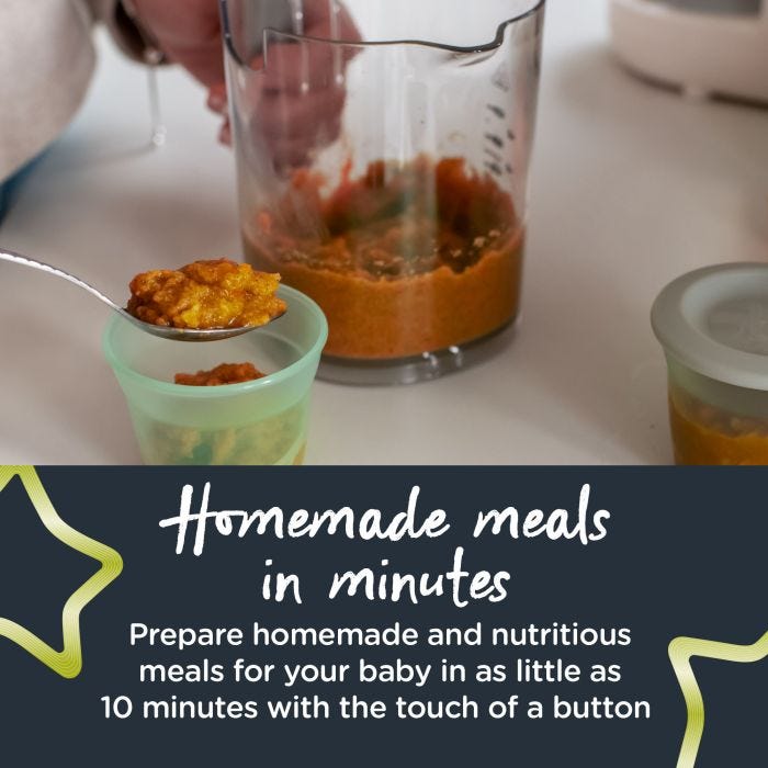 Mum scooping baby food into pot with text about making homemade meals in minutes