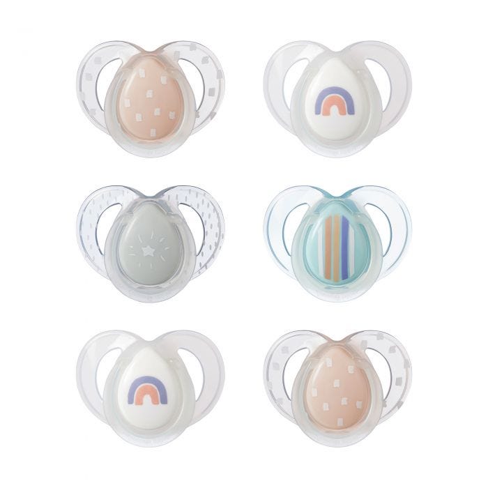 6 count of Night Time pacifier in various colours and designs on a white background.