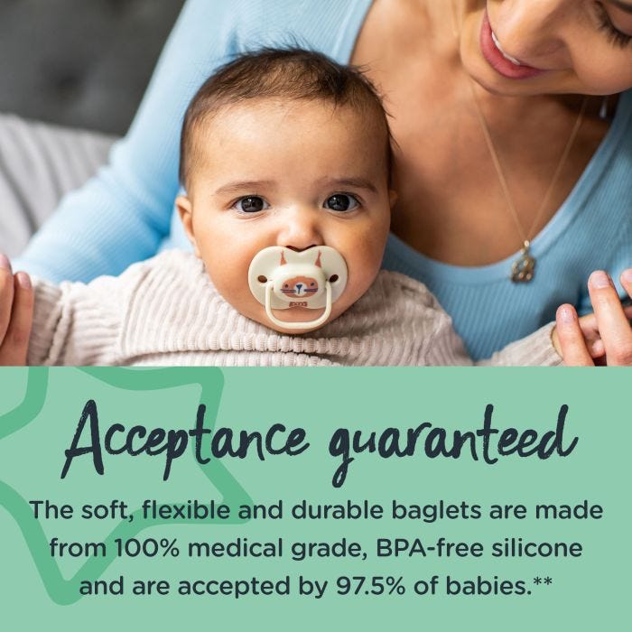 Baby with pacifier in their mouth with text stating that our pacifiers are acceptance guaranteed.