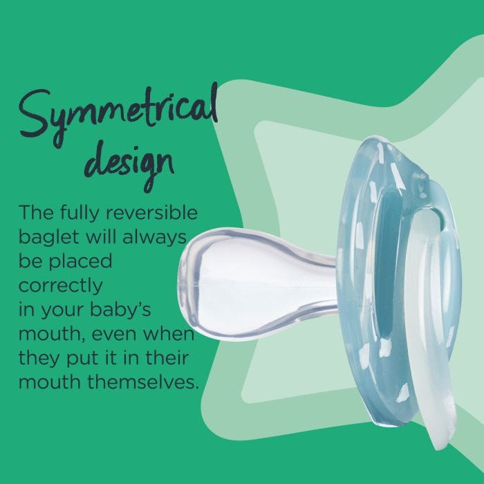 Side view of Night-Time soother on a green background with text describing the benefits of the symmetrical orthodontic design.