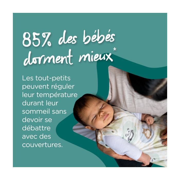 Bébé portant une gigoteuse d’emmaillotage et un texte indiquant que 85 % des bébés dorment mieux dans ces gigoteuses