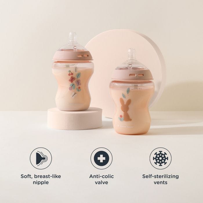Natural Start baby bottles on plinths with roundels highlighting the soft silicone nipple