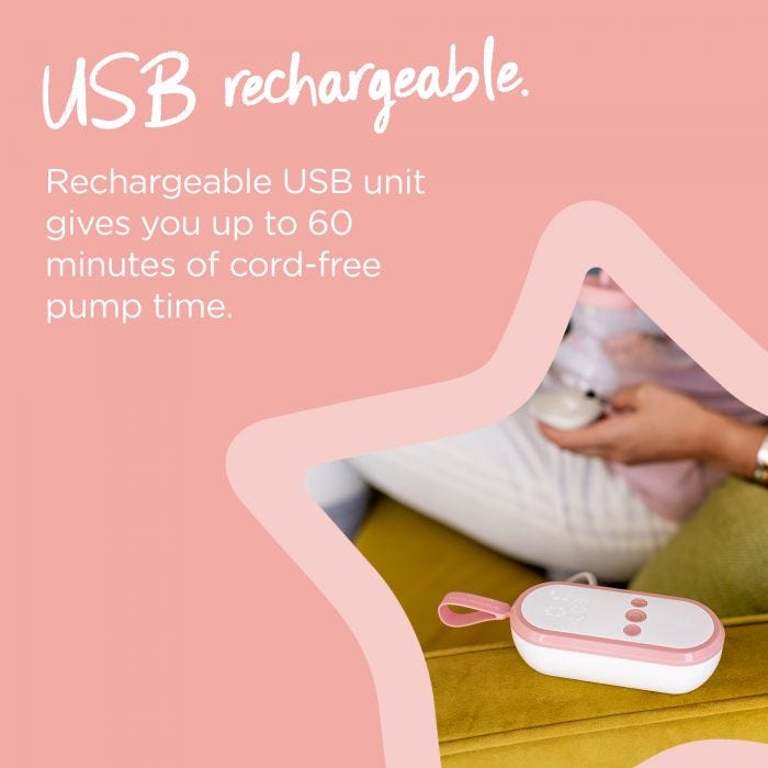 Woman sitting on couch while using the electric breast pump with text highlighting that it’s USB-rechargeable
