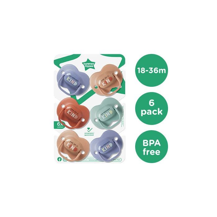 6 pack of soothers on a white background with roundels stating 18-36m, BPA free and 6 pack