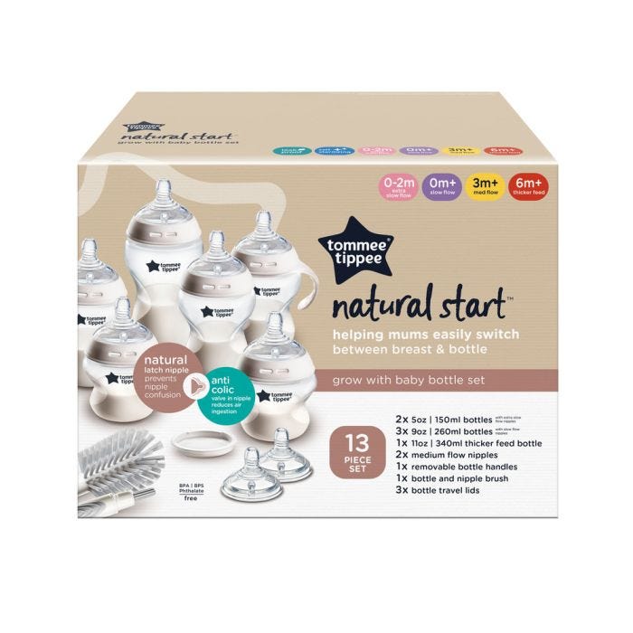 Grow with Baby bottle set components in their packaging box against a white background