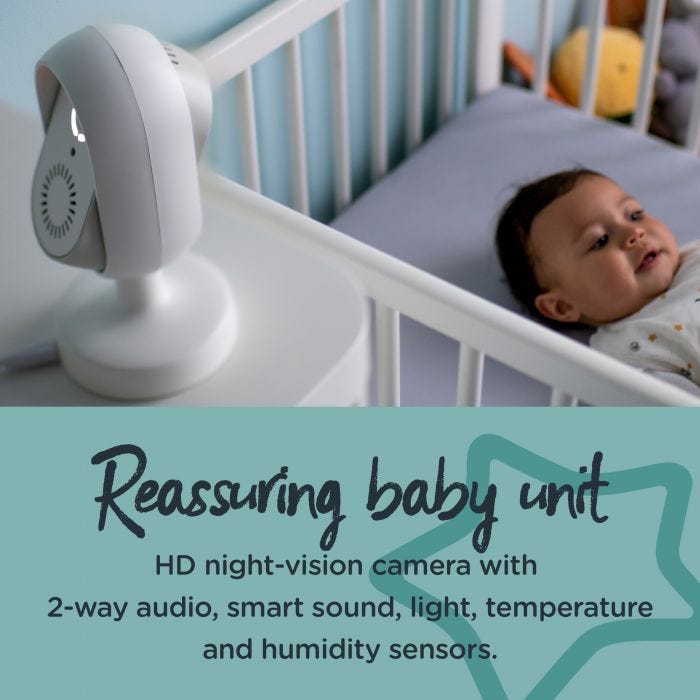 Baby in cot with baby unit pointed towards them. Text describing the features of the reassuring baby unit.