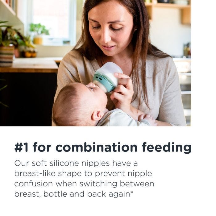 Mom feeding baby from Natural Start Silicone baby bottle with text about combination feeding