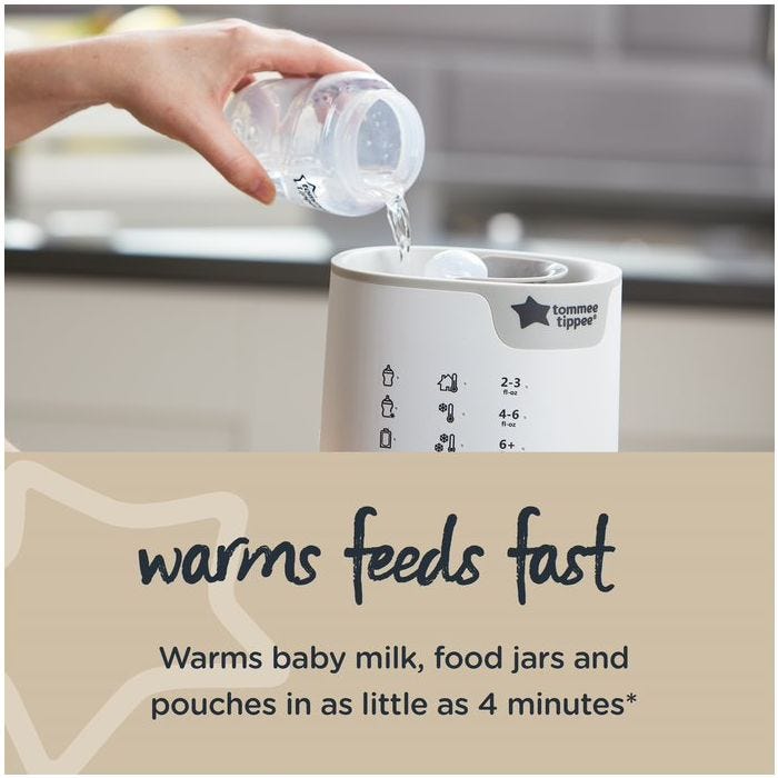 pouring water from a Tommee Tippee bottle to the 3-in-1 Advanced Bottle and Pouch Warmer