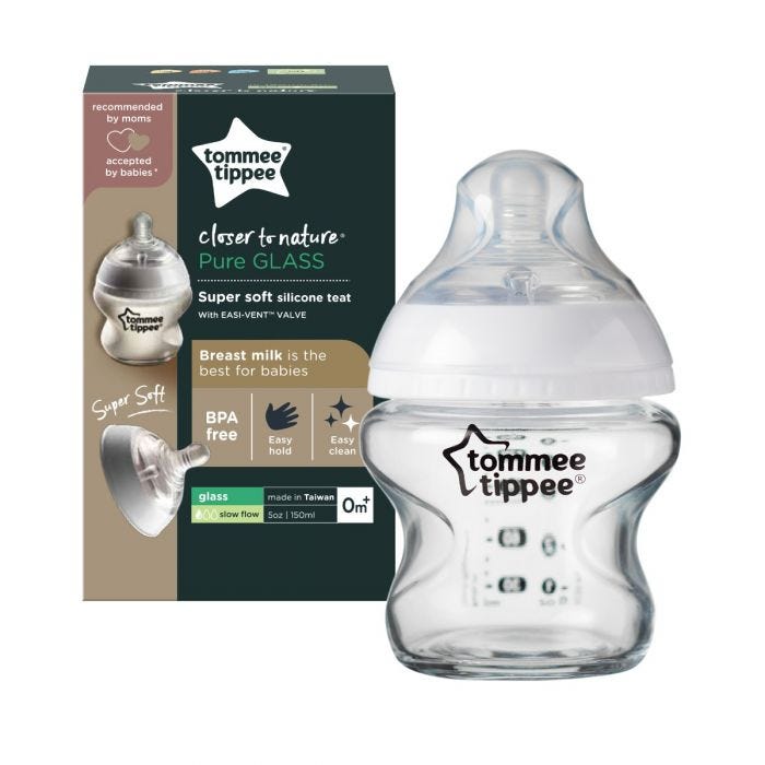Glass baby bottle with packaging 