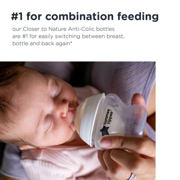 Mum feeding baby from 150ml Closer to Nature bottle with text about combination feeding