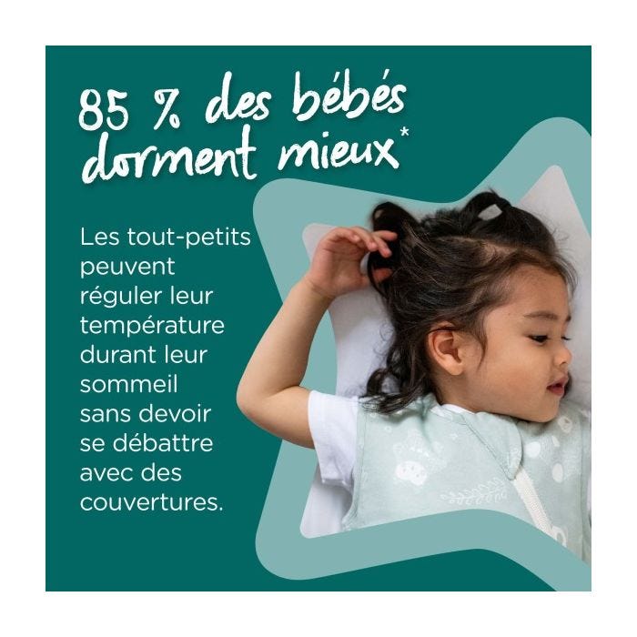 Enfant dans une gigoteuse verte allongé sur le dos avec un texte expliquant que 85 % des bébés dorment mieux dans ces gigoteuses.