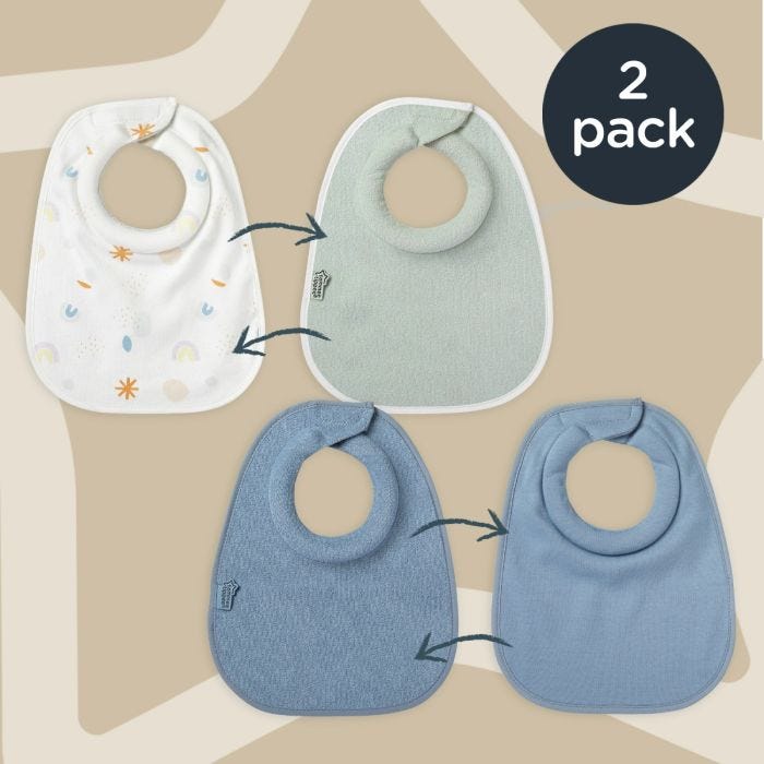 4x images of milk feeding bibs in different colours on beige background showing the reversible color options in this 2 pack.