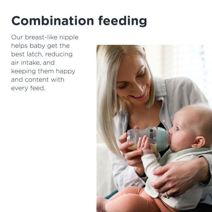 Mom sitting with baby on her lap holding an Advanced Anti-Colic bottle with text about combination feeding