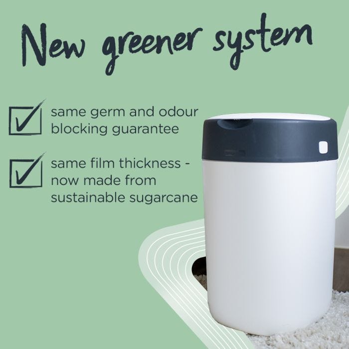 Twist & Click bin with text about its new greener system