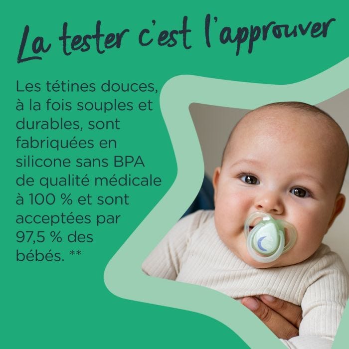 Bébé avec une sucette dans la bouche, entouré d&apos;une étoile verte et texte indiquant qu&apos;elle est acceptée par 97,5 % des bébés
