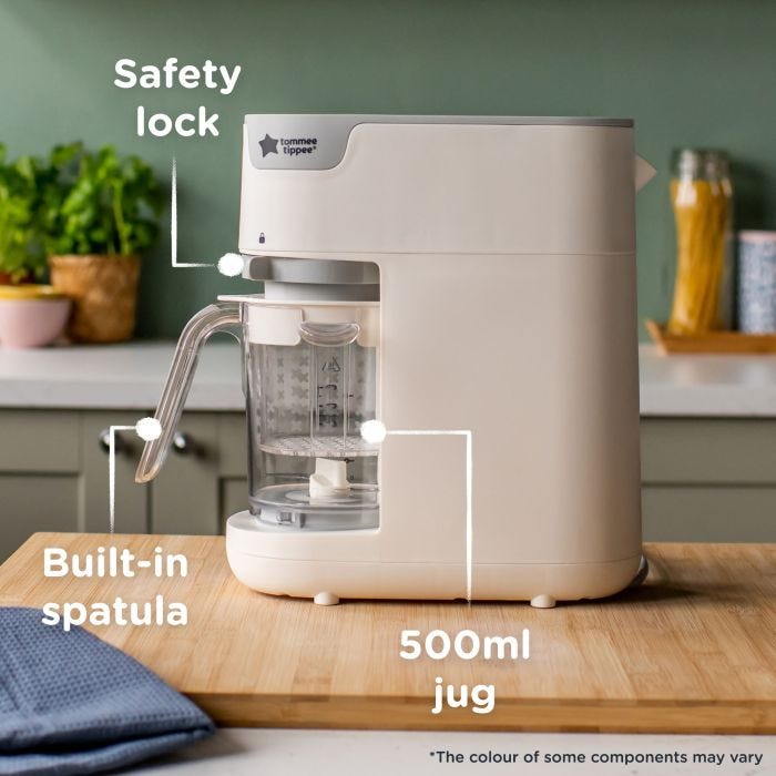 White quick cook on kitchen counter with pointers to its safety lock