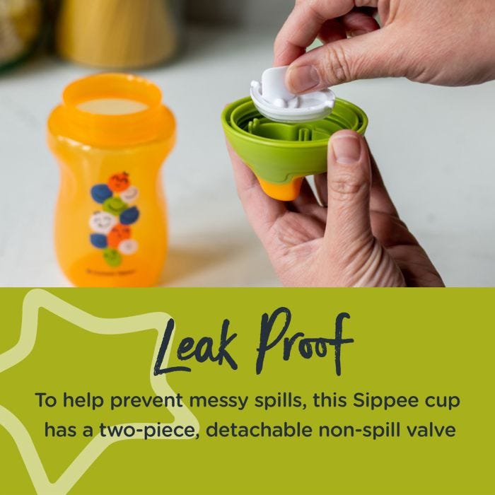 Someone removing the valve from an orange sippee cup with text about how it’s leak proof