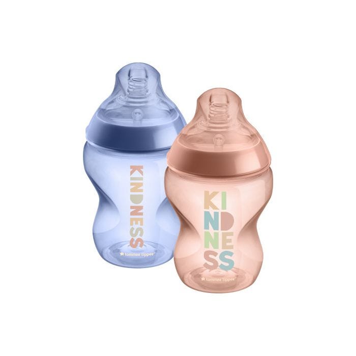 2x 260ml Be Kind Closer to Nature baby bottles in pink and blue on a white background.