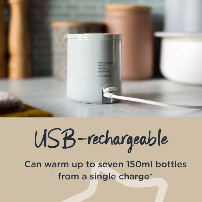 LetsGo bottle warmer on kitchen counter with charging cable plugged in above text about USB charging