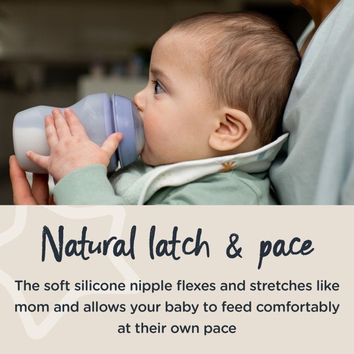 Baby drinking from purple silicone bottle with text about a natural latch and pace