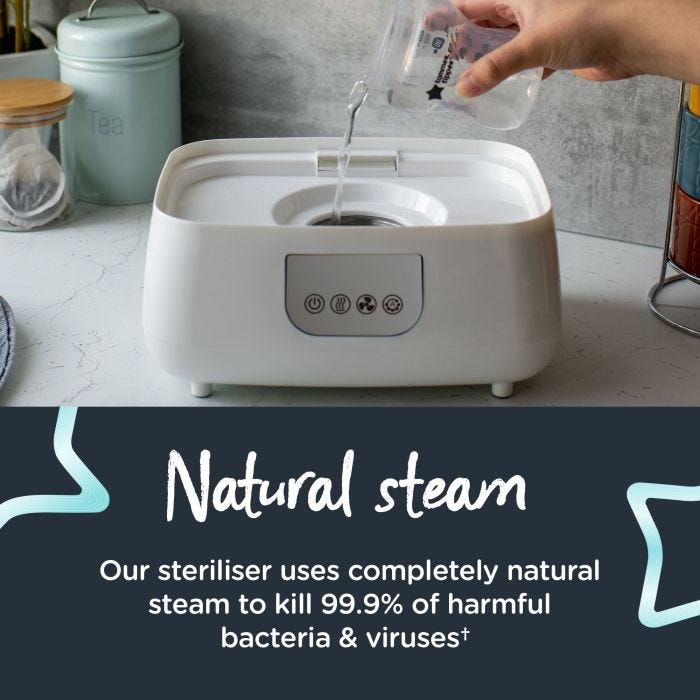 Someone pouring water into the base of their Steridryer with text about how it uses natural steam to kill viruses