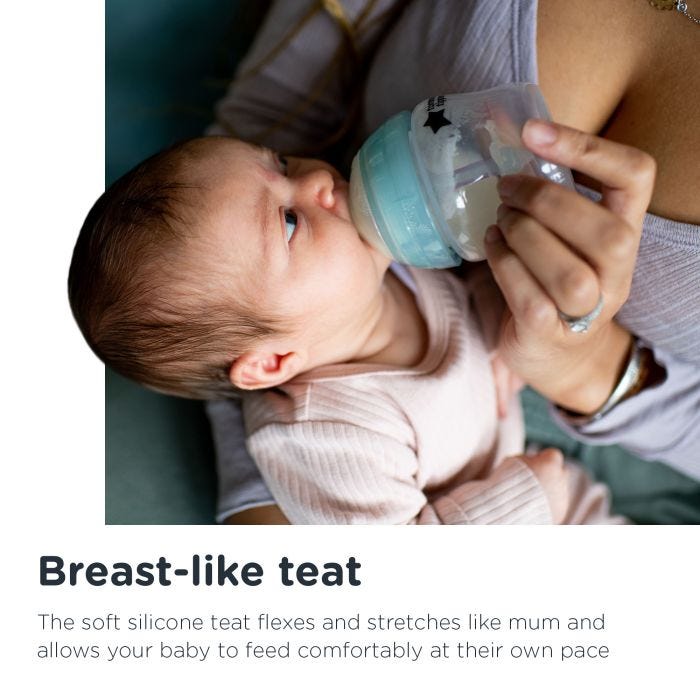 Mum feeding baby with Advanced Anti-Colic bottle above text about the breast-like teat