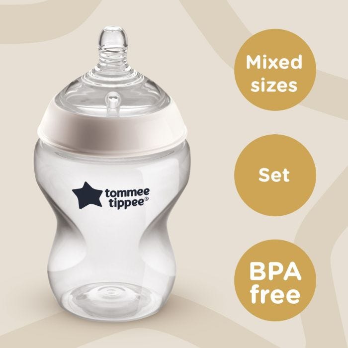 Closer to Nature bottle next to roundels stating mixed sizes, set, BPA free.